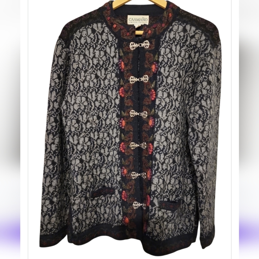 Vintage Cardigan 100% Alpaca Wool Hand Knit Womens Caamano Sweater Size XL Gray